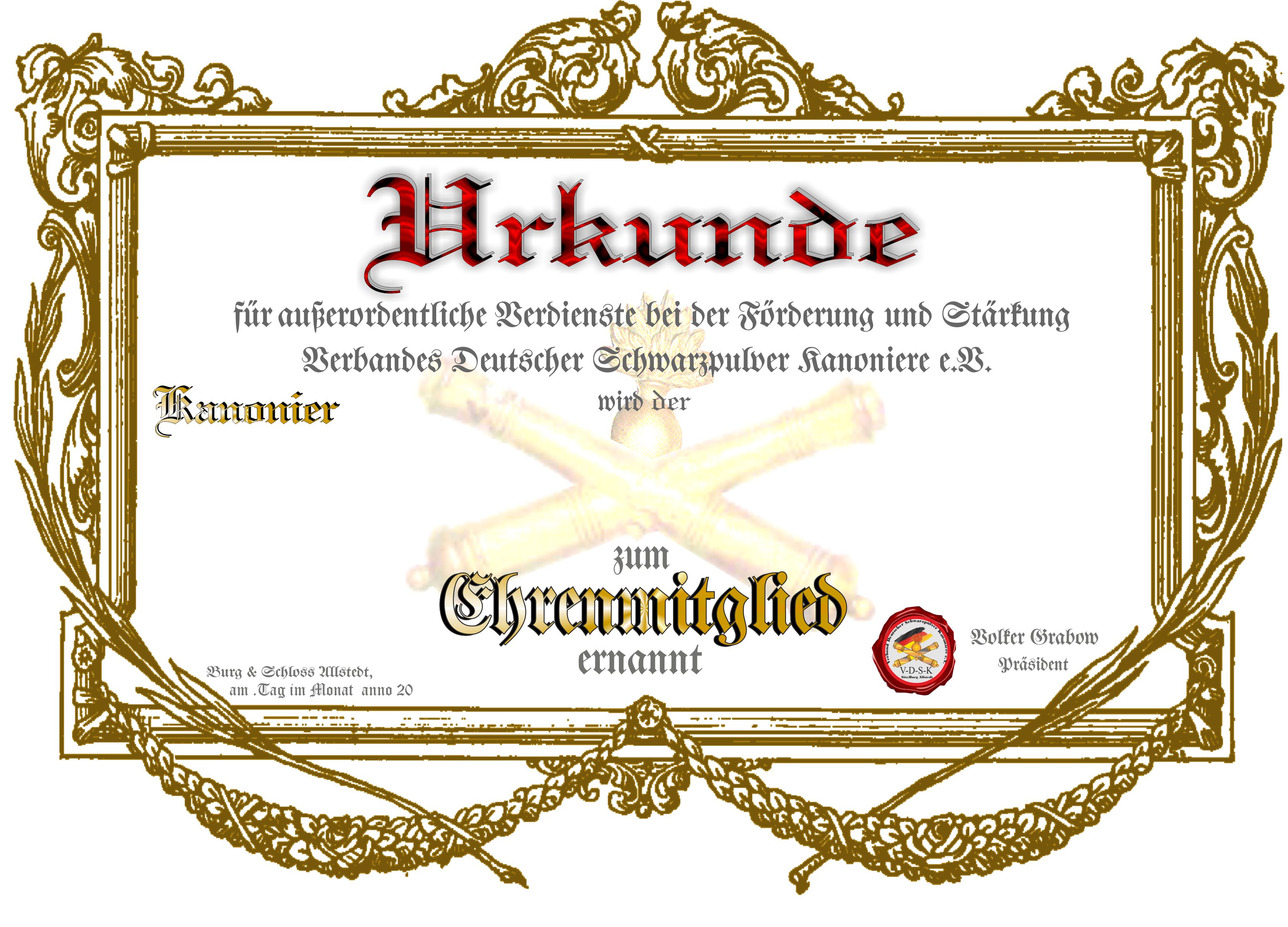 VDSK Verband Deutscher Schwarzpulver Kanoniere Ehrenmitglied